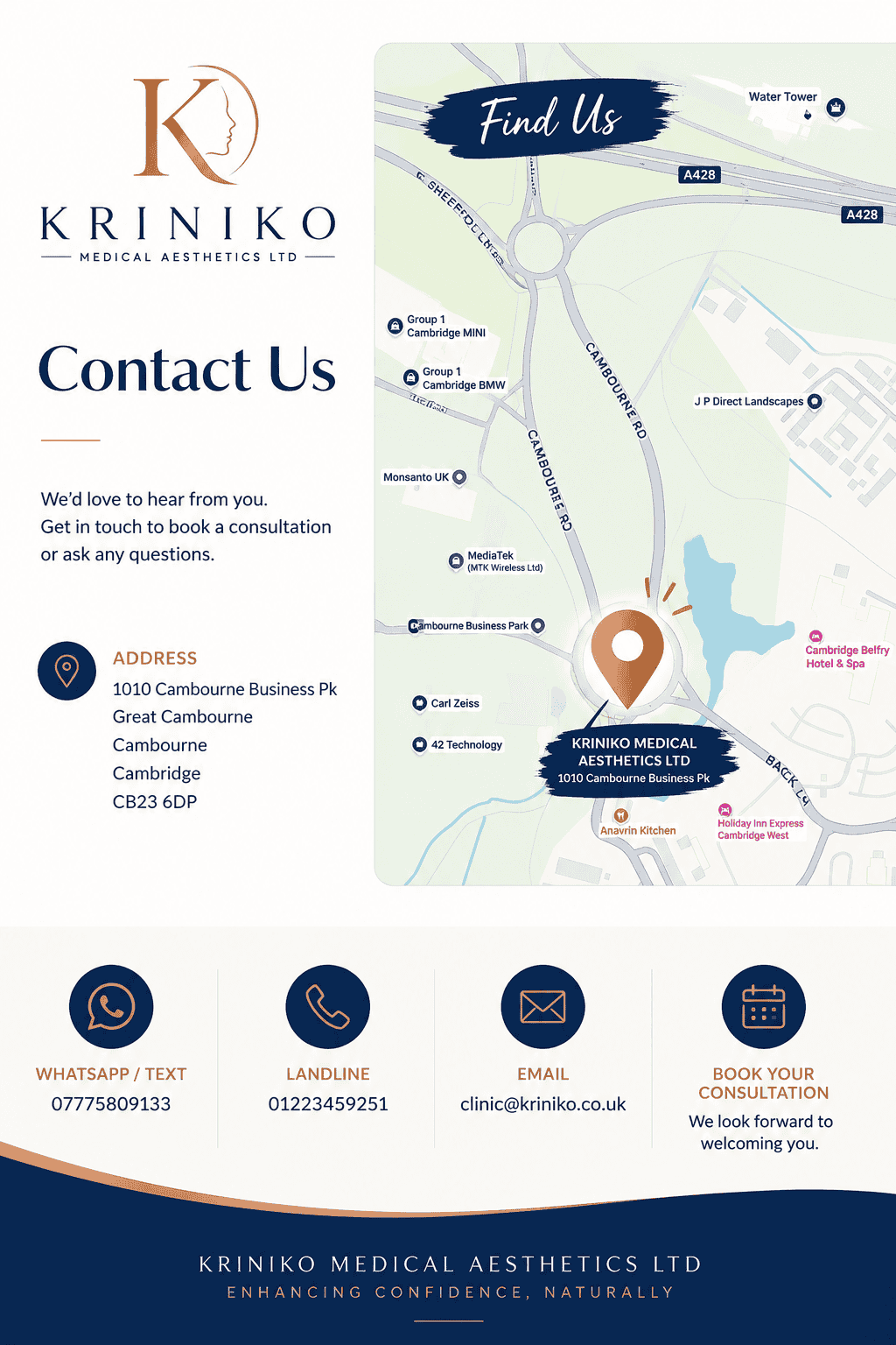 Map showing Kriniko Medical Aesthetics Ltd location in Cambourne, UK.